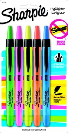 Sharpie - Retractable Highlighters Assorted - 5 Ct